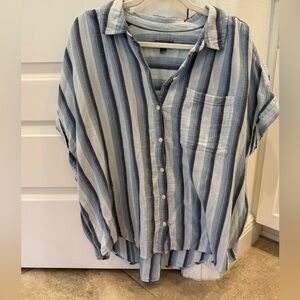 100% Cotton Blue & White Striped Button Up Shirt 2X costal costal grandma beach